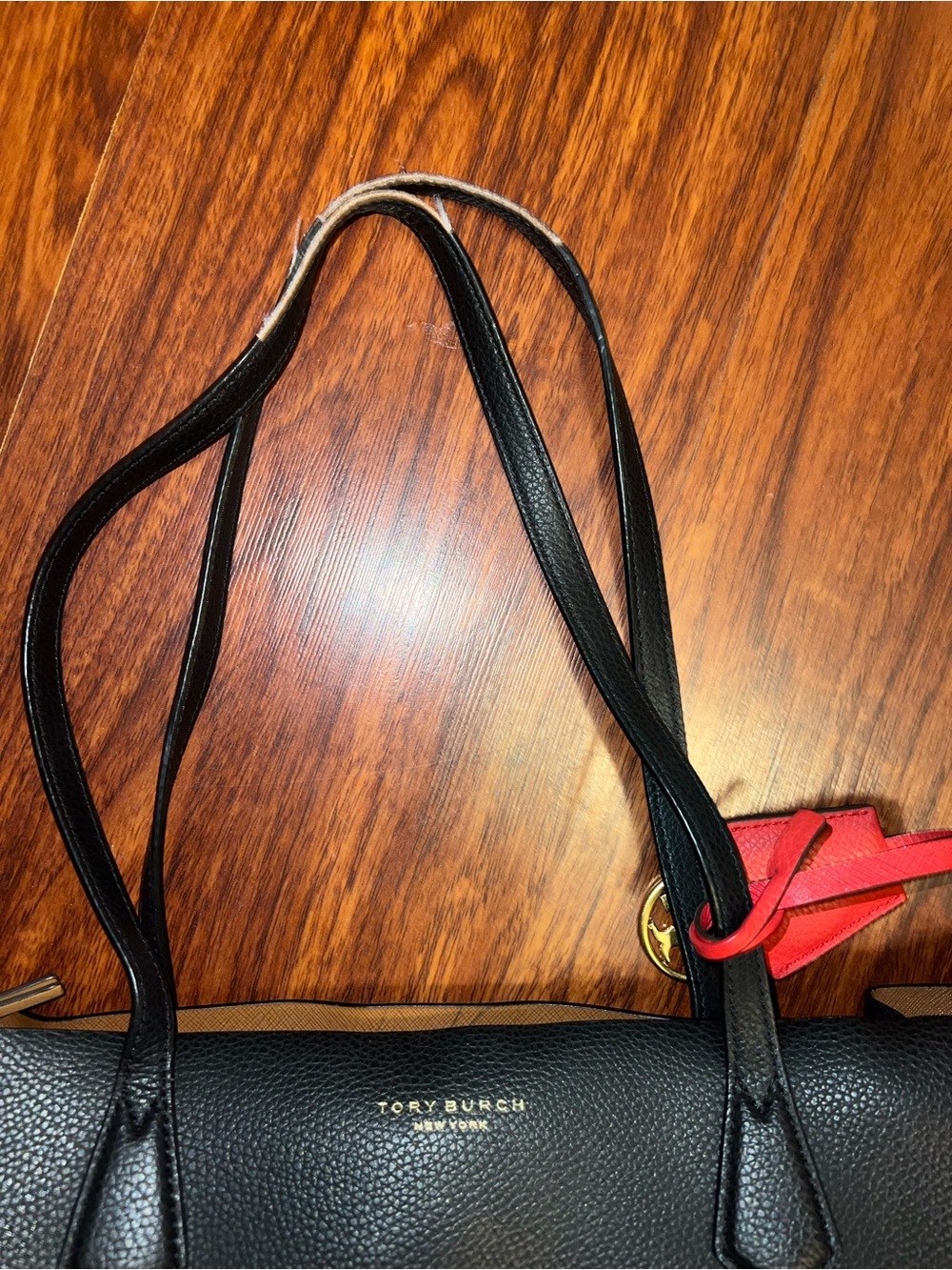 Tory Burch Black Leather Tote with Red Hanging Accent - Picture 5 of 10